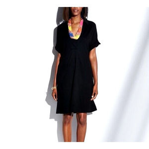 Lafayette 148 NY Shift Black Dress Short Sleeve Pockets Folded Notch Col…